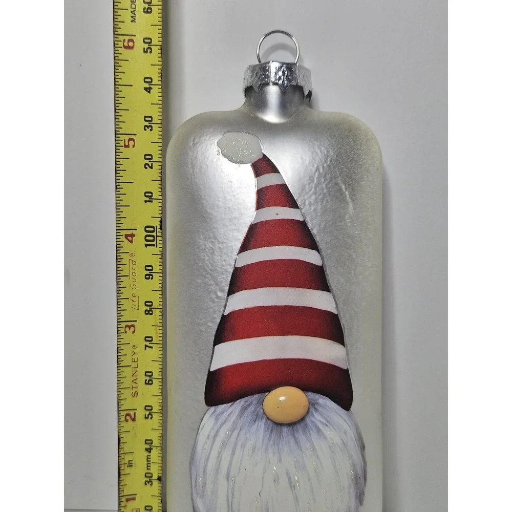 Glass Gnome Christmas Ornament Rectangle Flat Silver White Red Striped Hat 6